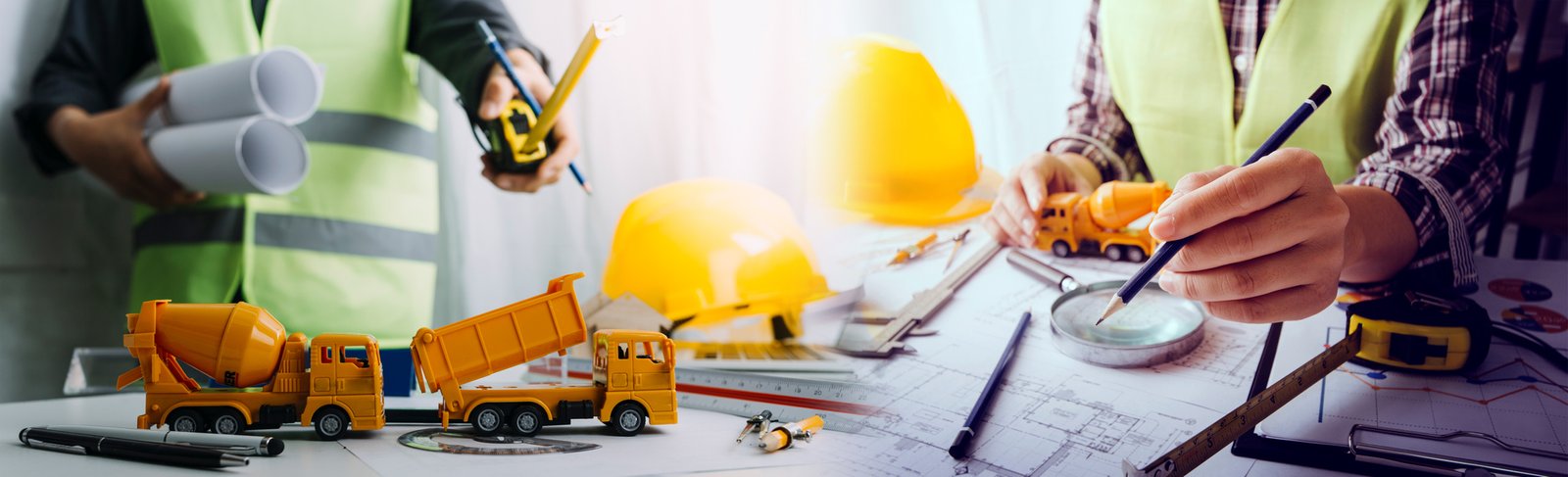 business hand working and laptop with on on architectural project at construction site at office desk in office