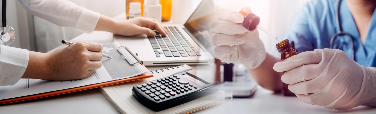 Medicine doctor and robotics research and analysis. Diagnose checking coronavirus or covid-19 testing result with virtual screen in laboratory, Inhibition of disease outbreaks and Medical technology